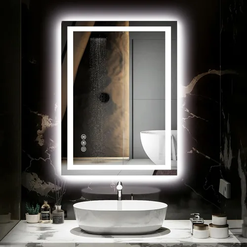 Hivone Espejo de Baño LED de 24X32 con Luces, Antivaho, Regulable, Retroiluminado + Iluminado Frontal, Espejo Inteligente de Tocador de Baño,
