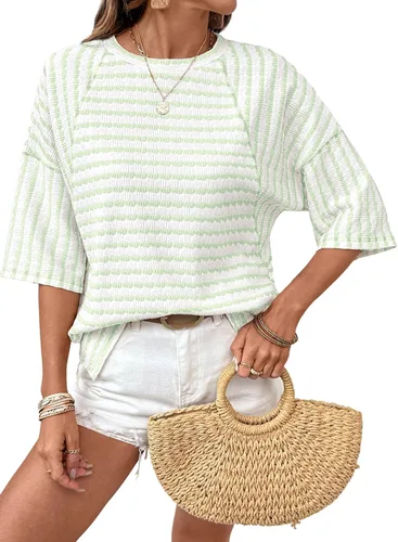 Miniatura 13 de Dokotoo Camisetas de verano para mujer, camisetas de gran tamaño para mujer, a rayas, bloques de color, manga corta, cuello redondo, blusas casuales