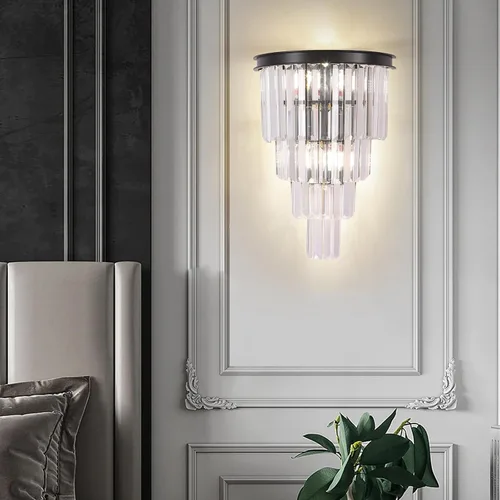 Miniatura 2 de Aplique de pared de cristal negro, moderno K9 de 4 niveles, lámpara de pared de cristal transparente para sala de estar, dormitorio, espejo
