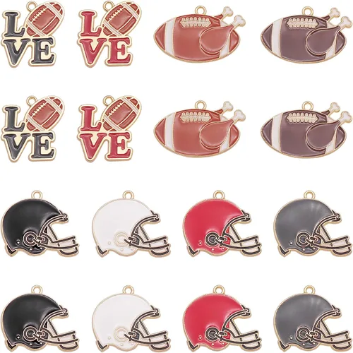 yaokan Paquete de 16 dijes esmaltados para casco de fútbol americano – I Love Sports Rugby Ball Colgantes para bricolaje, collar, pulsera, aretes,