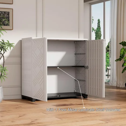 Miniatura 3 de HOMSPARK Armario de almacenamiento para interiores y exteriores con puertas y 1 estante, caja de almacenamiento de plástico HDPE de 34 x 15 x 34