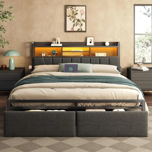 Furnulem Base de cama King con cabecero de madera y cajones de almacenamiento, marcos de cama de plataforma de metal tamaño King con luces LED,