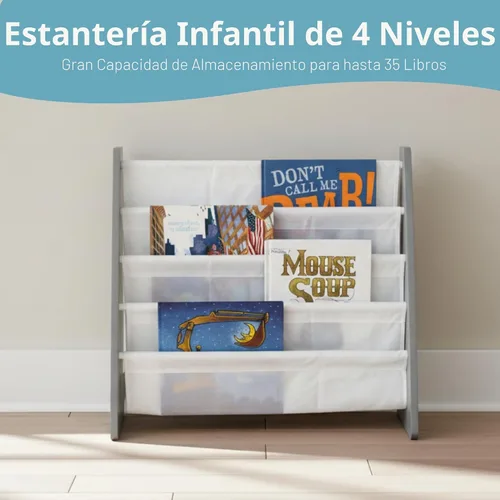Miniatura 4 de Humble Crew - Estantería para niños de 4 niveles, madera gris/blanca - Estantería premium para habitaciones infantiles con cuatro bolsillos