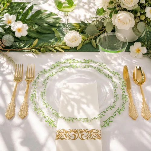 Miniatura 6 de PULOTE 175 platos de plástico verde – Plástico transparente con borde verde desechable – Incluye 25 platos de cada uno (cena y postre), 75