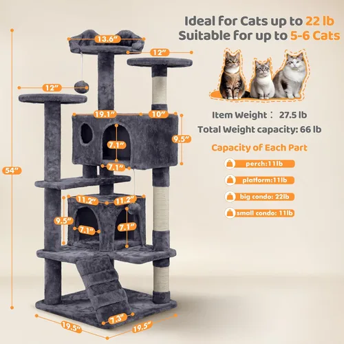 Miniatura 3 de Yaheetech Árbol para gatos de 54 pulgadas, torre para gatos de varios niveles con espaciosa percha de orejas de gatito, 2 cuevas acogedoras, postes