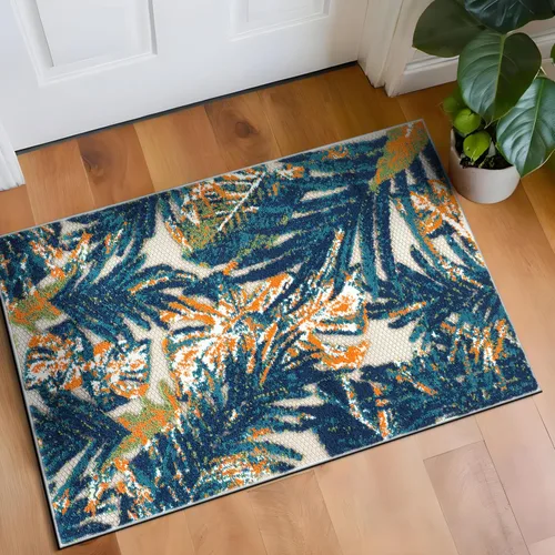 Rugshop Alfombra de polipropileno duradero con hojas florales tropicales para interiores y exteriores, no se desprende, fácil de limpiar, perfecta