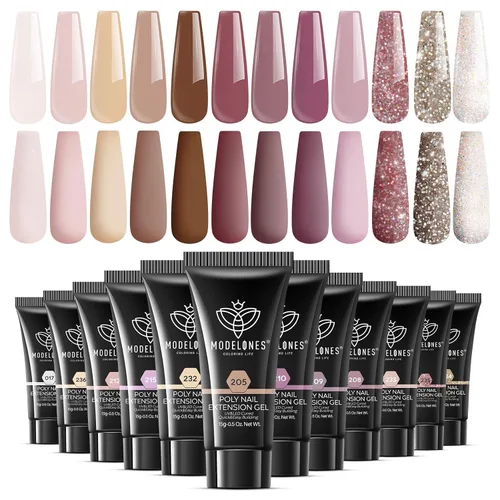 Miniatura 10 de modelones Kit de gel de extensión de polivinílico de 12 colores, juego de uñas de poliéster para todas las estaciones, colores nude, rosa, azul