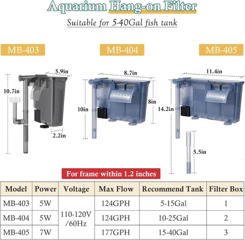 Miniatura 2 de Filtro de acuario para colgar de 5 W: filtro ultra silencioso para tanque de peces de 124 GPH con esponja de filtro y carbón activado, filtro