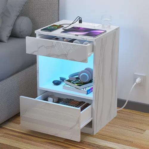 Miniatura 10 de HOMMPA Mesita de noche LED con estante abierto con estación de carga, 2 cajones, mesita de noche negra con almacenamiento, mesitas de noche