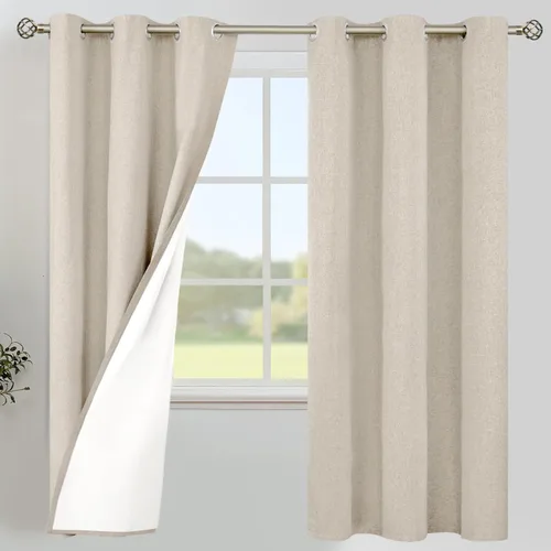 Miniatura 13 de YoungsTex - Cortinas de lino beige 100% opacas para dormitorio de 63 pulgadas de largo, cortinas cortas con aislamiento térmico y ojales