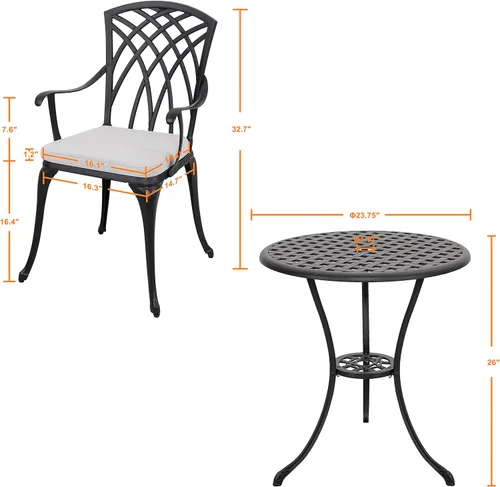 Miniatura 8 de NUU GARDEN Juego de mesa bistró de 3 piezas de aluminio fundido para exteriores con agujero para sombrilla y cojines grises para patio, balcón, Gris