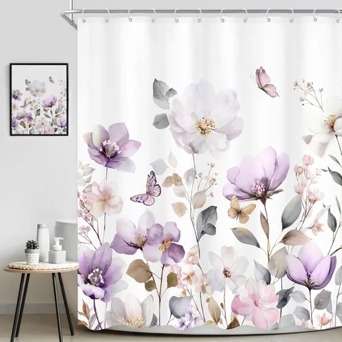 Miniatura 2 de Cortina de ducha floral púrpura de 60 pulgadas de ancho x 72 pulgadas de largo, flor de lavanda, rústico, elegante, pastel, botánico, acuarela