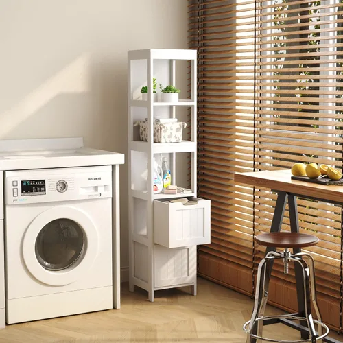 Miniatura 6 de HOMEFORT Armario de almacenamiento para baño, armario alto y estrecho con cubículo, gabinete de esquina delgada, torre de lino de madera, con puerta