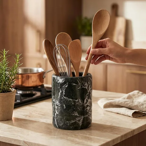 Miniatura 3 de Radicaln Soporte para utensilios de mármol negro de 6.5 pulgadas hecho a mano, juego de espátulas para encimera de cocina, tarro de utensilios