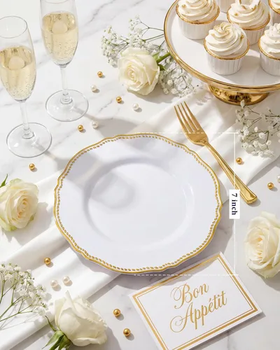 Miniatura 2 de Hioasis 60 platos de plástico dorados, vajilla desechable blanca y dorada con borde dorado, resistente, 7.5 pulgadas, platos de postre para fiestas