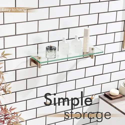 Miniatura 7 de KOKOSIRI Estantes de pared para baño, estante flotante de vidrio templado, estante colgante para almacenamiento/decoración de habitación, 20 Bronce