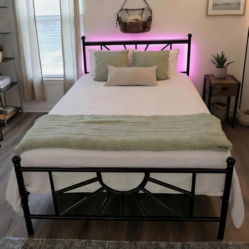 Miniatura 9 de Homkdom Marco de cama de plataforma de metal tamaño Queen de 14 pulgadas con cabecero, marco de cama victoriano Queen con almacenamiento debajo