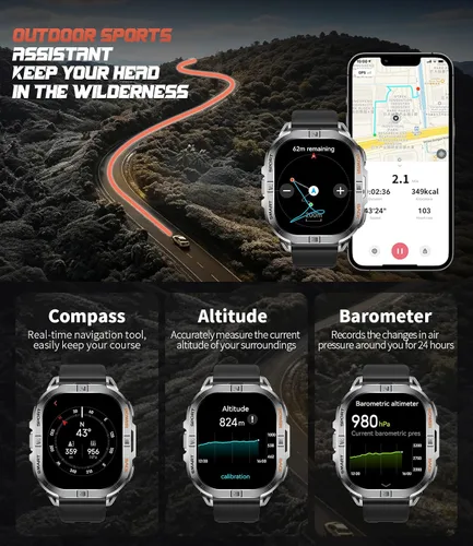 Miniatura 5 de Reloj inteligente militar GPS para hombre (respuesta/llamada), reloj inteligente de 2.13 pulgadas, batería de 60 días, 6 posicionamiento/brújula, 5