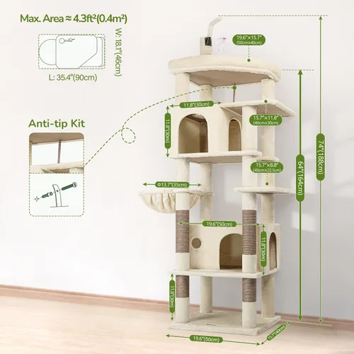 Miniatura 6 de Globlazer - Torre grande para gatos, árbol alto para gatos de interior, torre de escalada para gatos adultos grandes con 2 cuevas espaciosas