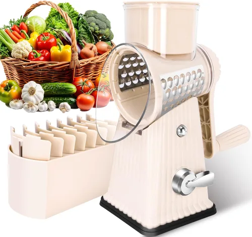 Rallador rotativo de queso con 5 cuchillas bien diseñadas y base de succión fuerte, cortador de verduras de mandolina de cocina con caja de Blanco