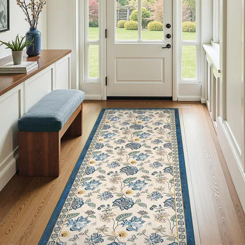Miniatura 44 de Jinchan Fiora - Alfombra redonda de 8 pies, alfombras vintage con diseño floral envejecido, lavable a máquina, antideslizante, de pelo bajo, Azul
