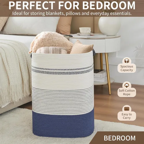 Miniatura 6 de AINUOQI Cesta de lavandería grande – Cesta alta de cuerda tejida con asas de cuero – Cesta de ropa sucia para sala de estar, dormitorio, 17.8 x 13.8