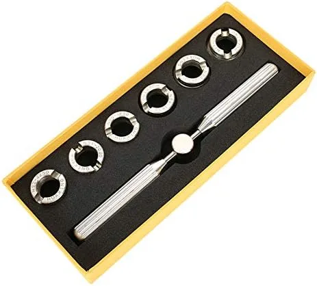 Miniatura 7 de Abrelatas de reloj, carcasa trasera de reloj removedor llave con diferentes tamaños Dies reparación relojero conjunto de herramientas