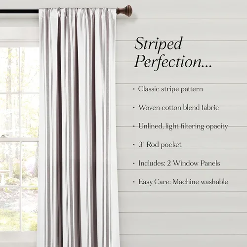 Miniatura 7 de Lush Decor Farmhouse Stripe - Par de paneles de cortinas de ventana de algodón teñido con hilo a rayas, 42" A x 84" L, Gris - Encanto rústico