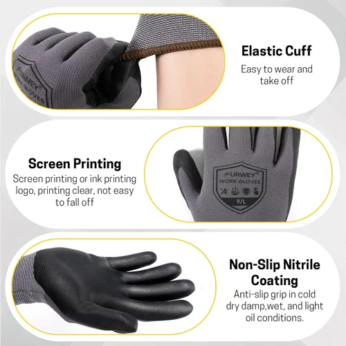 Miniatura 6 de FURWEY Safety Work Gloves-16/32Pairs, Micro Foam Nitrile Coated Glove,Seamless Knit Nylon Gloves for Men Women（S-XL Negro gris-16 pares