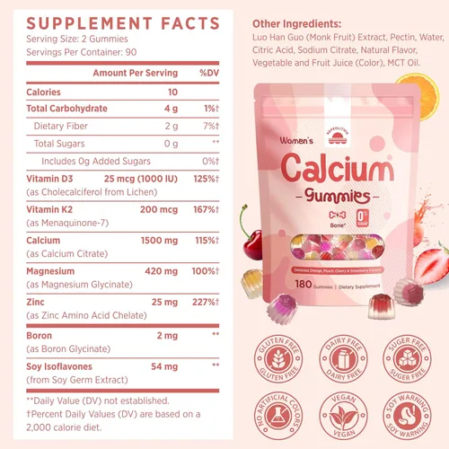 Miniatura 6 de Gomitas de calcio para mujer, 1500 mg de citrato de calcio con vitamina D3, K2, magnesio, zinc, boro y isoflavonas de soja, suplemento de calcio