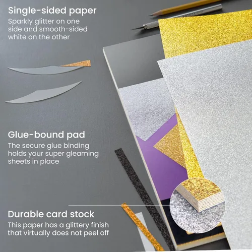Miniatura 4 de Arteza Papel con purpurina, 24 hojas, 12 x 12 pulgadas, papel de álbum de recortes dorado y plateado, suministros de arte y manualidades