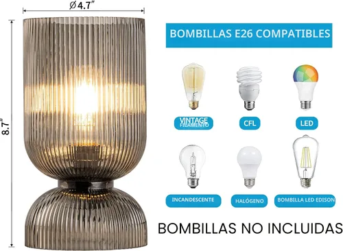 Miniatura 6 de Lámpara de mesa moderna, lámpara de vidrio de mediados de siglo con pantalla de vidrio gris ahumado, lámpara de cabecera con interruptor