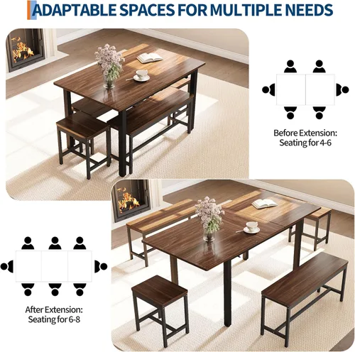 Miniatura 4 de GarveeHome juego de mesa de comedor de 5 piezas para 4-8 personas, mesa de cocina grande extensible de 63 pulgadas con 2 bancos y 2 taburetes Marrón