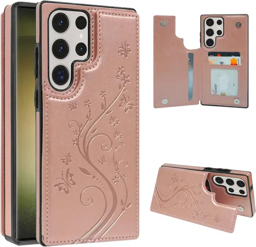Miniatura 19 de Korecase Funda tipo cartera para Samsung Galaxy S23 con tarjetero, funda clásica de piel con función atril, doble hebilla magnética a prueba