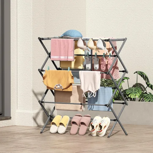 Miniatura 8 de KINGBOARD Tendedero de secado de ropa plegable con 11 postes, estante de secado de lavandería de 3 niveles, estante de secado de ropa pequeño