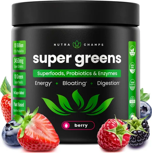 Super Greens en polvo, más de 40 superalimentos orgánicos, probióticos y enzimas para energía, digestión, salud intestinal e hinchazón | Mezcla de