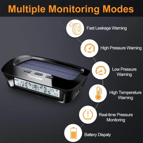Miniatura 3 de Sistema Tymate de monitoreo de presión de neumáticos para RV - Sistema de monitor de presión de neumáticos M12-3 (0-87 PSI) con carga solar, 5 modos