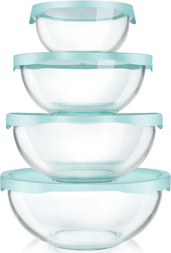Luvan Juego de 4 cuencos de vidrio transparente de borosilicato con tapas (0.53 cuartos de galón, 1.1 qt, 2.1 cuartos de galón, 3.7 cuartos de Azul