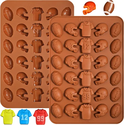 Webake Molde de chocolate de fútbol – Molde de silicona de 30 cavidades con forma de fútbol, casco y jersey, para decoraciones de chocolate, dulces,