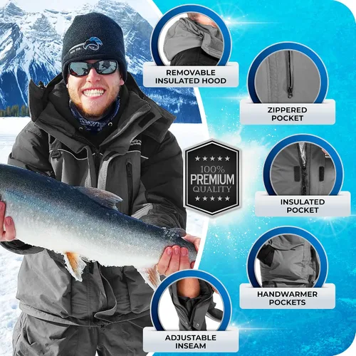 Miniatura 2 de WindRider Traje de pesca en hielo, baberos aislados y chaqueta flotación toneladas de bolsillos Equipo impermeable para pesca en hielo y motos