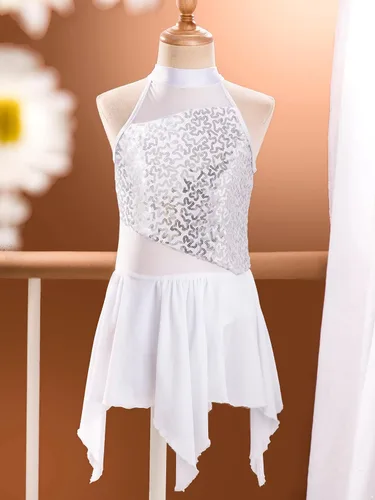 Miniatura 33 de YiZYiF Vestido de baile de lentejuelas para niños y niñas, leotardo de ballet, cuello alto, vestido lírico, traje de rendimiento irregular