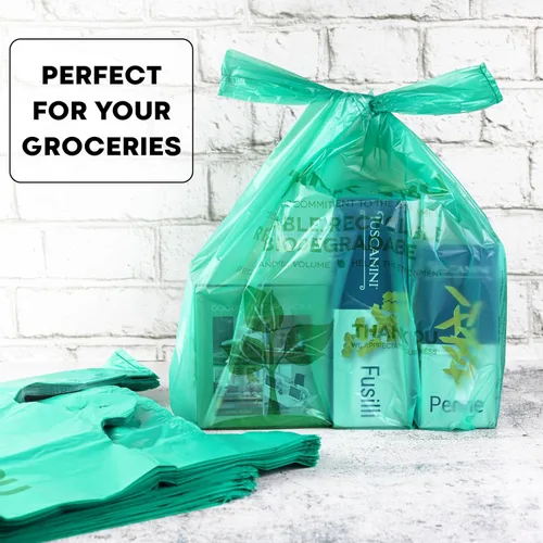 Miniatura 2 de KitchenDine Bolsas de plástico ecológicas verdes – 100 bolsas de compras biodegradables – Thank You – Bolsa de transporte de 22 x 12 pulgadas (100)