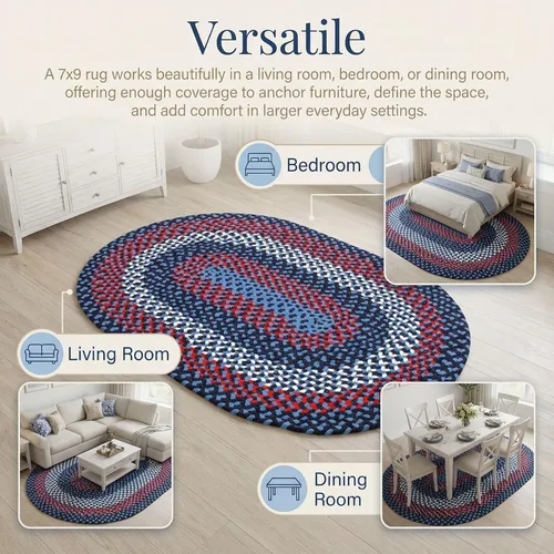 Miniatura 11 de Super Area Rugs Alfombra trenzada azul de 7 x 9 pulgadas, alfombra tejida ovalada para sala de estar, alfombra trenzada de granja, alfombra