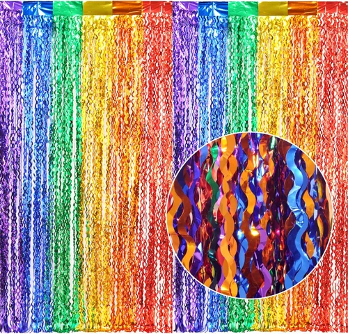 Miniatura 2 de CYLMFC Paquete de 3 Cortinas de Papel Metálico Arcoíris - 3.3x6.6 pies Serpentinas Metálicas de Oropel Cortinas de Fondo para Cabina de Fotos