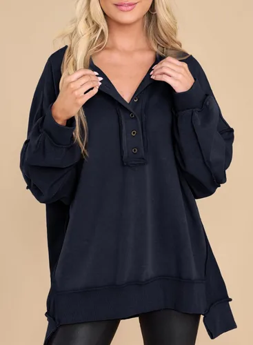 Miniatura 59 de AlvaQ - Sudadera de gran tamaño para mujer, informal, de manga larga, con botones y cuello Henley, tipo túnica