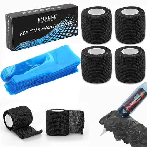 200 cubiertas para máquina y 4 cintas de agarre, cubiertas para bolígrafos de tatuaje Urknall para cubrir agarre, fundas de barrera, suministros