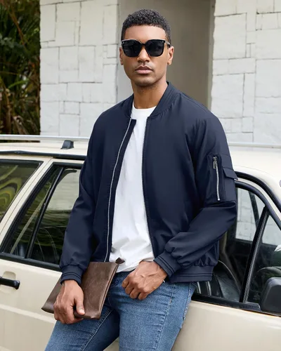 Miniatura 18 de Polu Chaquetas bomber para hombre con bolsillos, chaquetas cortavientos ligeras, cremallera de 2 vías, abrigo casual de negocios para otoño e