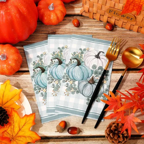 Miniatura 4 de Whaline 100 servilletas desechables de calabaza de otoño azul y blanco para Acción de Gracias, servilletas de mano para otoño, vacaciones, fiesta