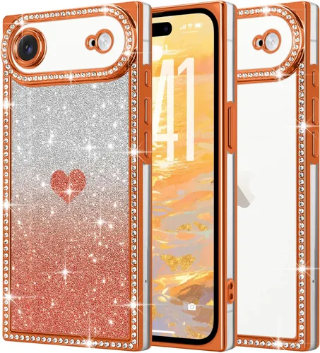 Miniatura 57 de Funda para iPhone 13, funda de diamantes de imitación de lujo con patrón de corazón de amor de cristal [papel con purpurina extraíble], parachoques