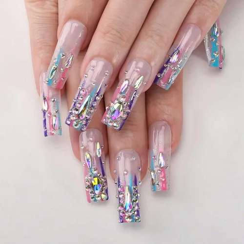 Miniatura 8 de Uñas postizas largas a presión, cuadradas, francesas, nude, rosa, lazo de lujo y diamantes de imitación de flores 3D, 24 unidades, uñas brillantes